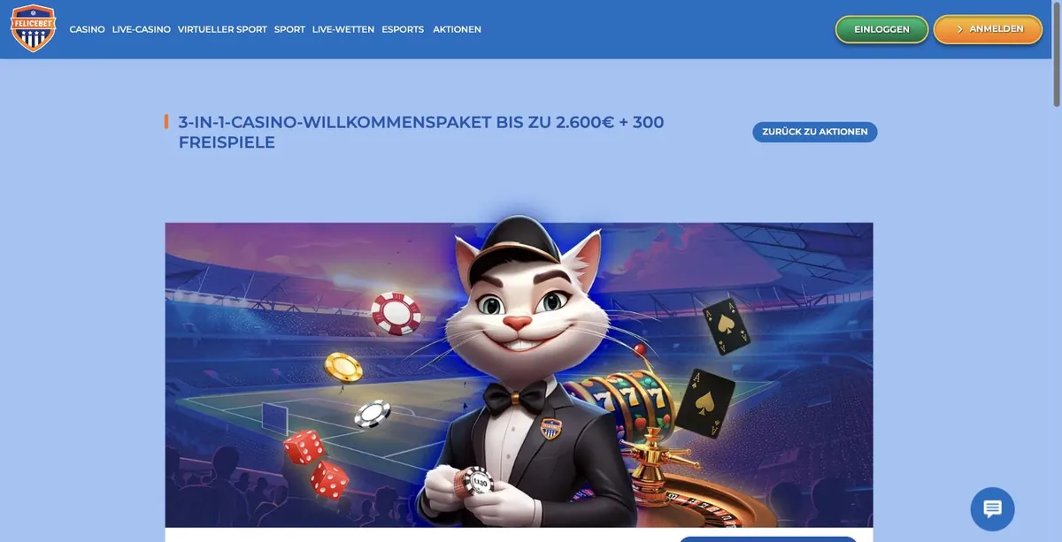 FeliceBet Bonus - Aktionsseite 3-in-1-Casino-Willkommenspaket bis zu 2.600 € + 300 Freispiele