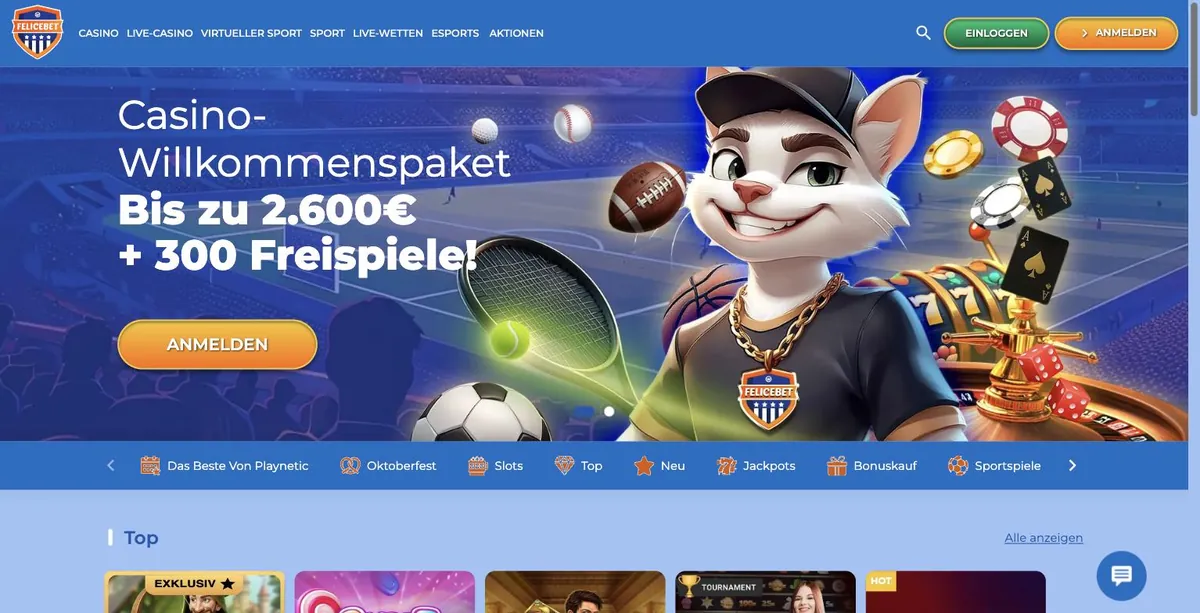 FeliceBet Startseite auf Deutsch mit Casino-Willkommenspaket bis zu 2.600 € + 300 Freispiele