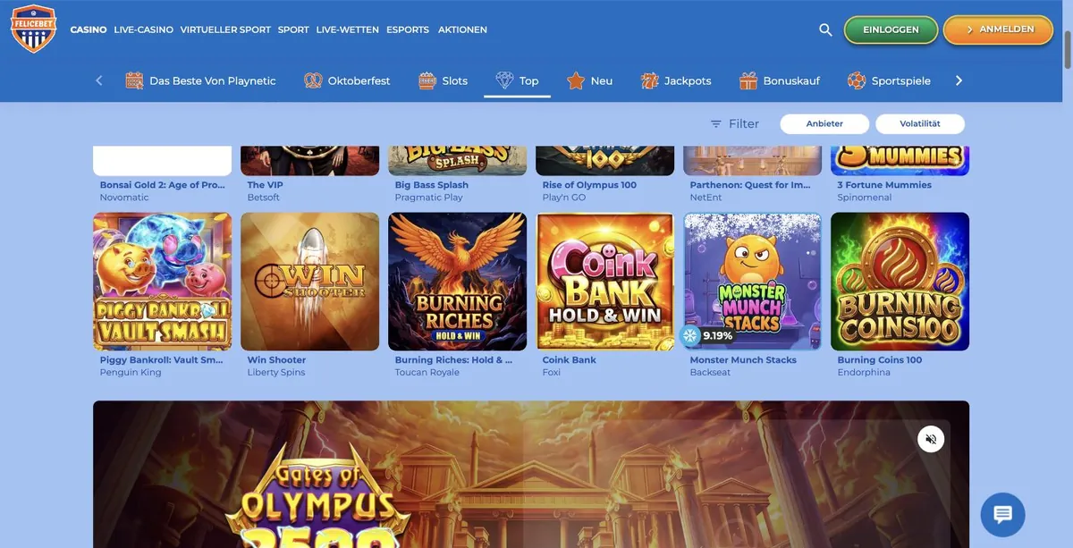 FeliceBet App - Spiele-Lobby mit Kategorien, Anbieter- und Volatilitätsfilter