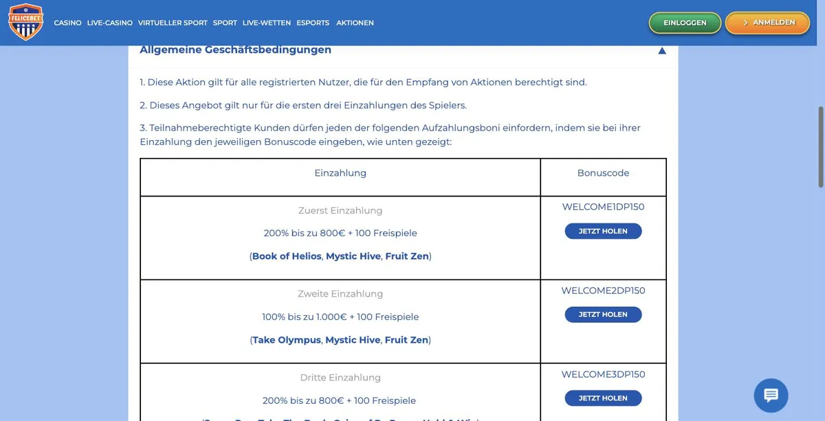 FeliceBet Bonuscode WELCOME1DP150 - Bonusbedingungen mit 200 % bis 800 € + 100 Freispiele