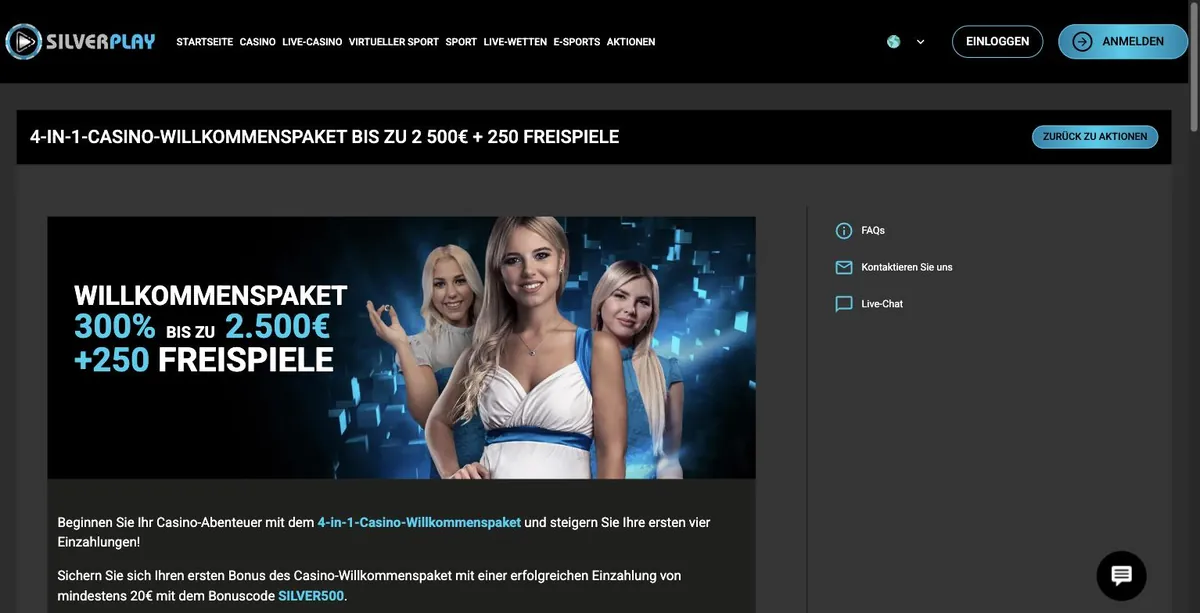 SilverPlay Bonus - Aktionsseite 4-in-1-Casino-Willkommenspaket bis 2.500 € + 250 Freispiele mit Code SILVER500