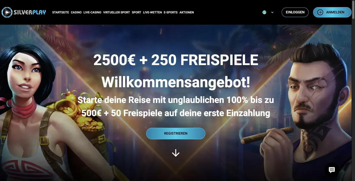 SilverPlay Casino Startseite auf Deutsch mit Willkommensangebot 2500 € + 250 Freispiele