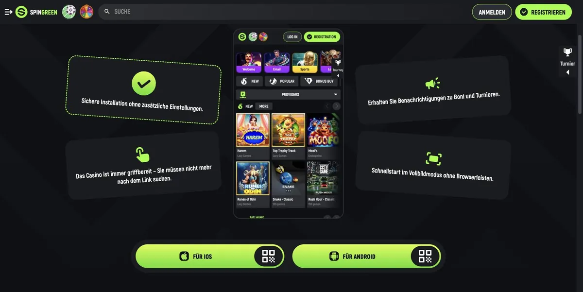 SpinGreen App - Installationsseite mit Buttons für iOS und Android und QR-Codes