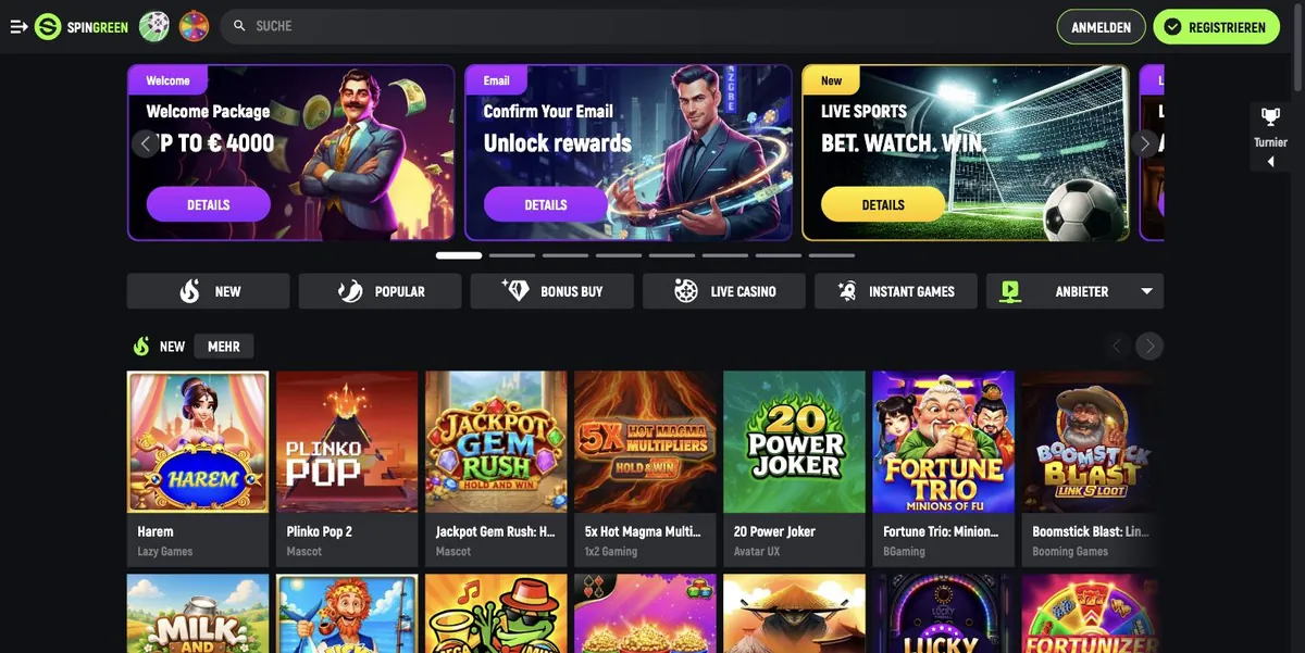SpinGreen Casino Startseite auf Deutsch mit Welcome Package bis 4.000 € und Live-Sportwetten