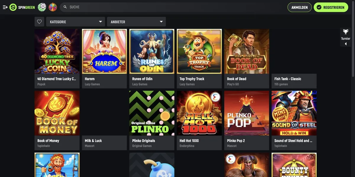 SpinGreen seriös - Spiele-Lobby mit Titeln von Play'n GO, Endorphina, Mascot und Lazy Games