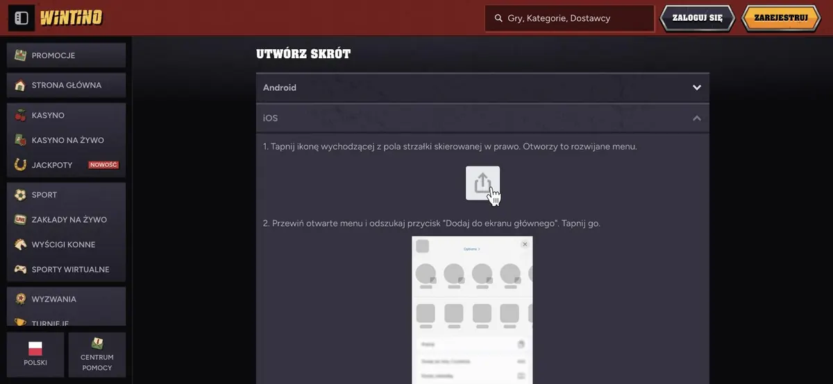 Wintino App - mobile Version mit Lobby und Menü