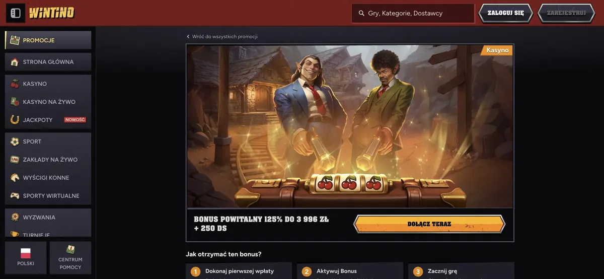Wintino Bonus - Aktionsseite mit 125 % und 250 Freispielen
